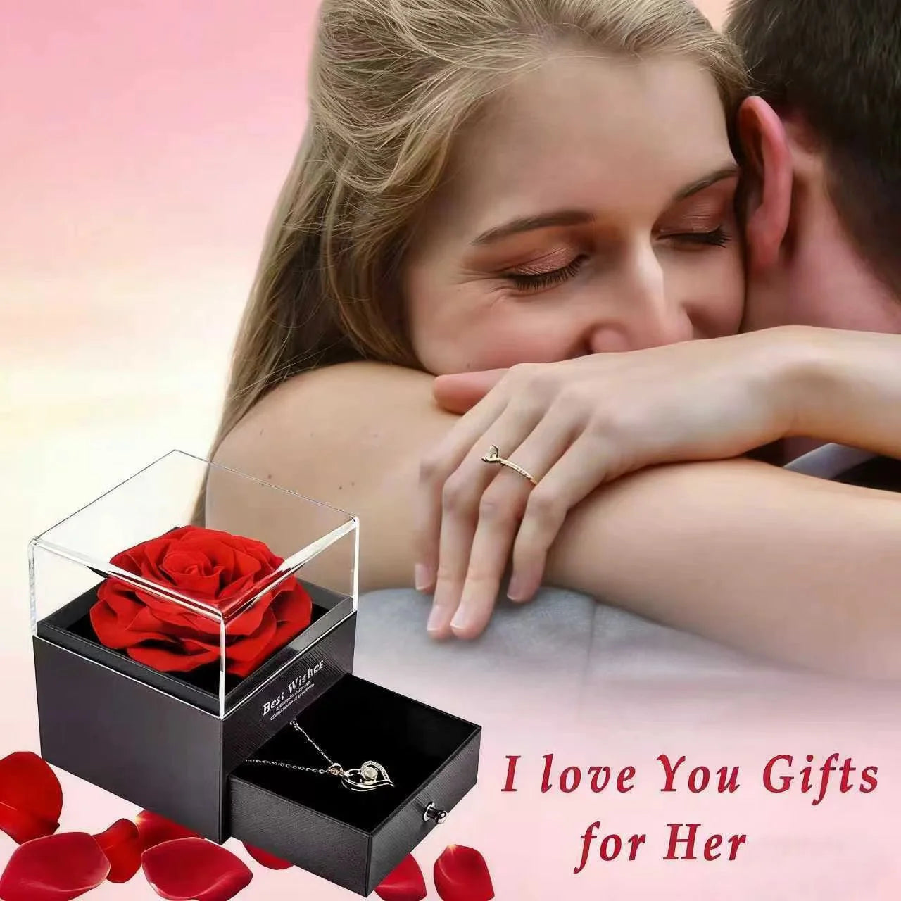 Preserved Red Real Rose with Heart I Love You Necklace，Eternal Flowers Rose Birthday Gifts for Women Her Mom Wife Girlfriend Grandma on Valentines Mothers Day Christmas Anniversary Romant