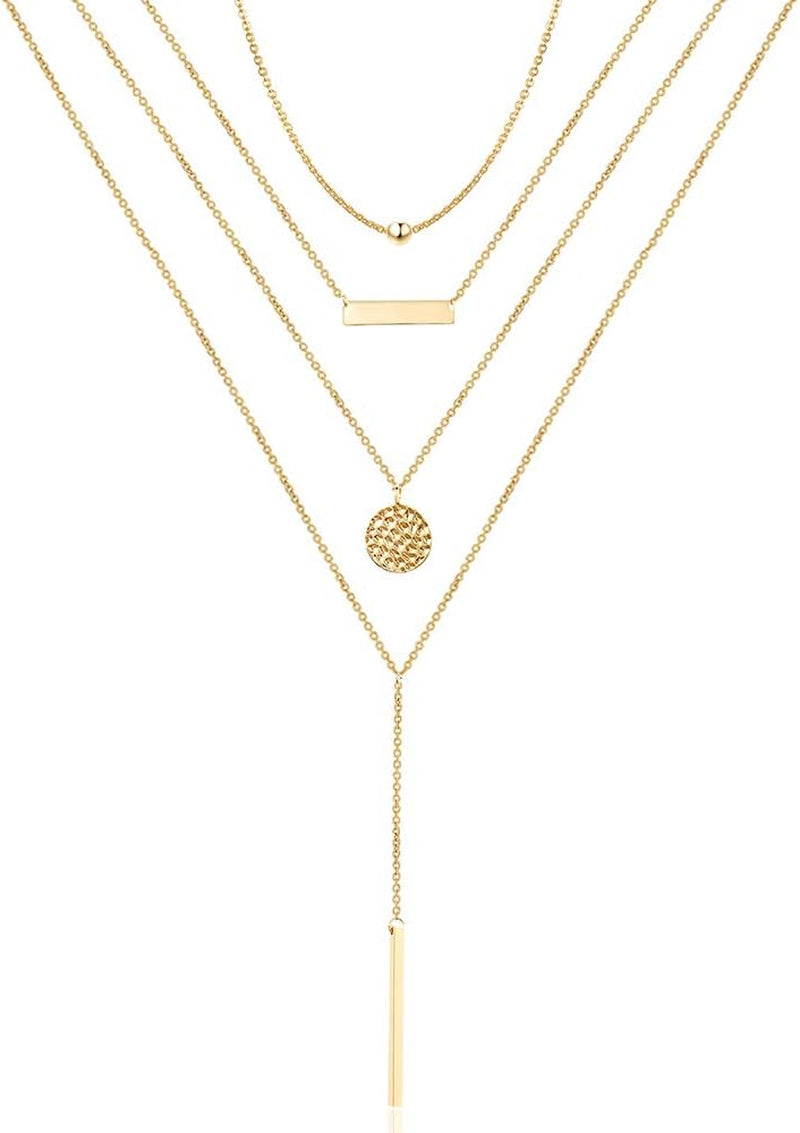 Dainty Layered Choker Necklace, Handmade Y Pendant Necklace Multilayer Bar Disc Necklace Adjustable Layering Choker Necklaces for Women