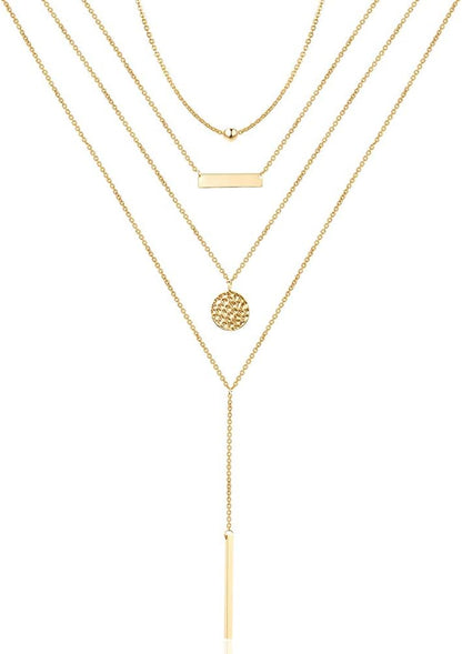 Dainty Layered Choker Necklace, Handmade Y Pendant Necklace Multilayer Bar Disc Necklace Adjustable Layering Choker Necklaces for Women