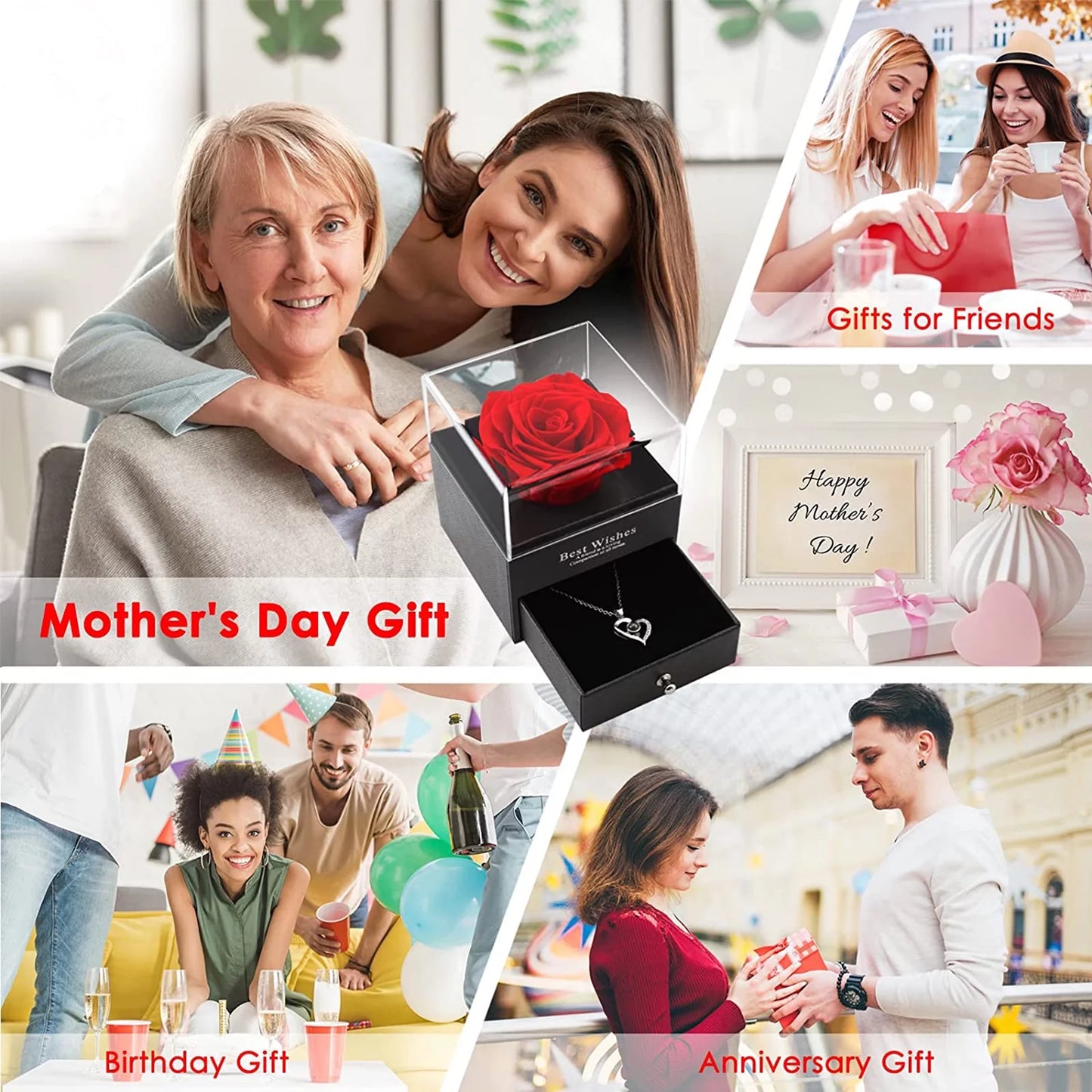 Preserved Red Real Rose with Heart I Love You Necklace，Eternal Flowers Rose Birthday Gifts for Women Her Mom Wife Girlfriend Grandma on Valentines Mothers Day Christmas Anniversary Romant