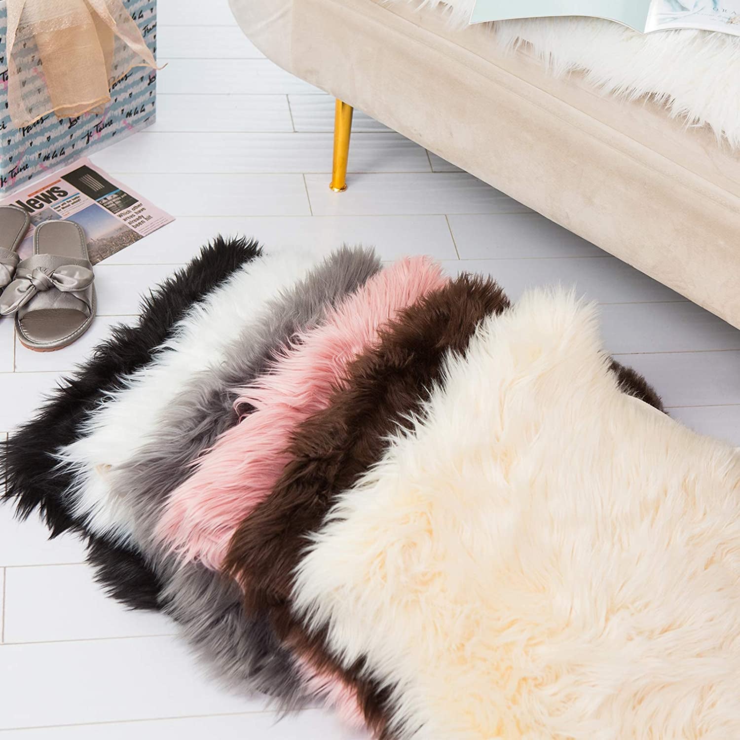 Faux Sheepskin Fur Area Rug Grey, 2X3 Feet, 2 Pack, Fluffy Soft Fuzzy Plush Shaggy Carpet Throw Rug for Indoor Floor, Sofa, Chair, Bedroom, Living Room, Home Decoration
