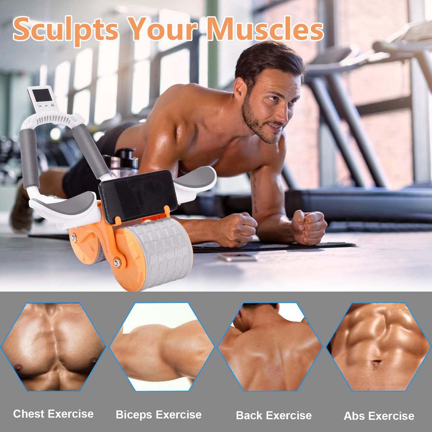 2025 New with Timer Ab Abdominal Exercise Roller Elbow Support, Abs Roller Wheel Core Exercise Equipment, Automatic Rebound Abdominal Wheel