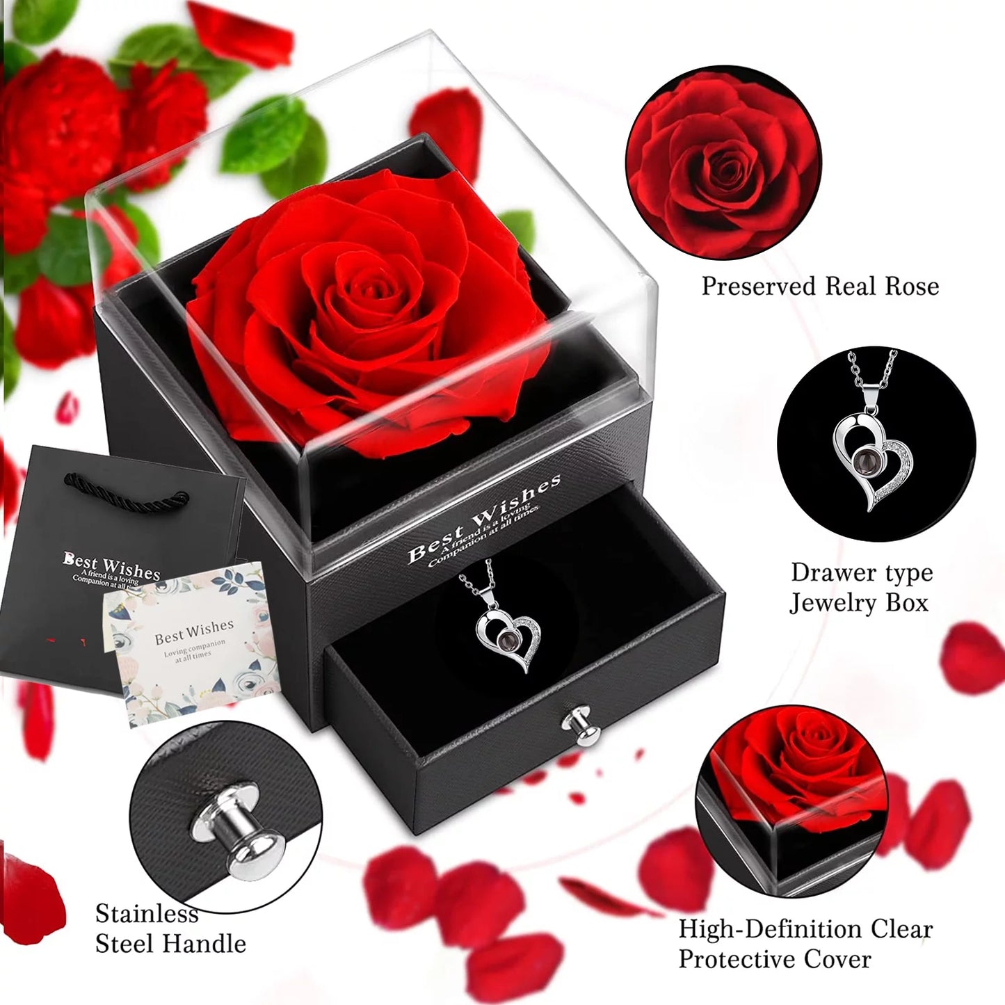 Preserved Red Real Rose with Heart I Love You Necklace，Eternal Flowers Rose Birthday Gifts for Women Her Mom Wife Girlfriend Grandma on Valentines Mothers Day Christmas Anniversary Romant