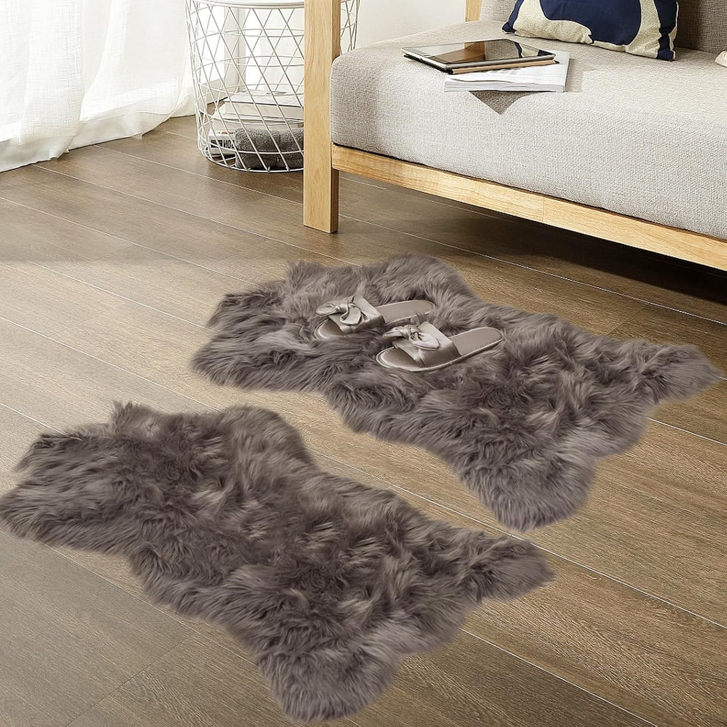 Faux Sheepskin Fur Area Rug Grey, 2X3 Feet, 2 Pack, Fluffy Soft Fuzzy Plush Shaggy Carpet Throw Rug for Indoor Floor, Sofa, Chair, Bedroom, Living Room, Home Decoration
