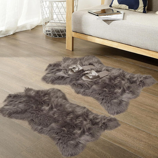 Faux Sheepskin Fur Area Rug Grey, 2X3 Feet, 2 Pack, Fluffy Soft Fuzzy Plush Shaggy Carpet Throw Rug for Indoor Floor, Sofa, Chair, Bedroom, Living Room, Home Decoration